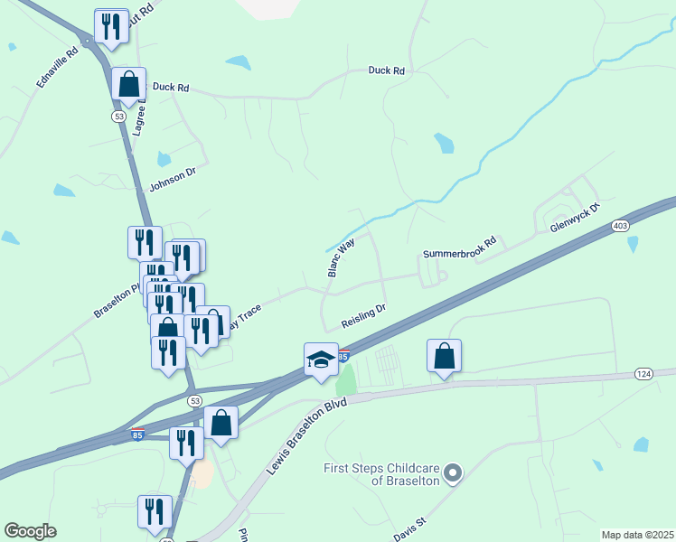 map of restaurants, bars, coffee shops, grocery stores, and more near 64 Blanc Way in Braselton