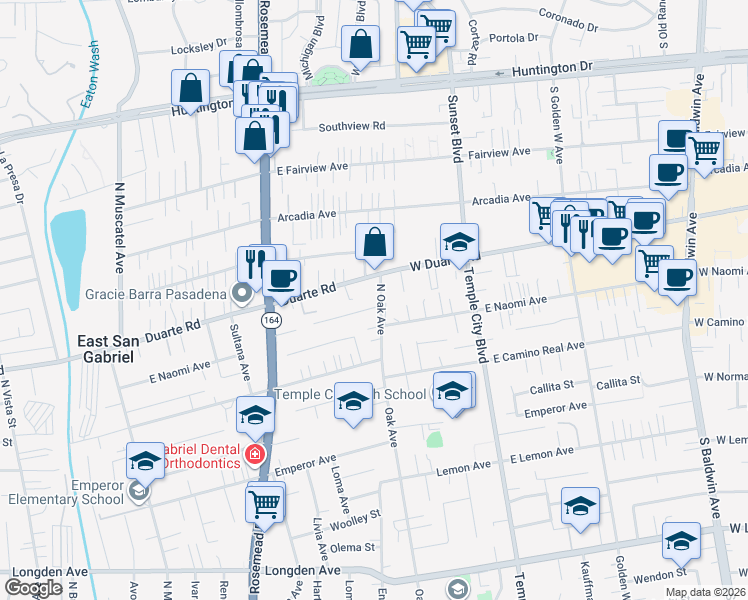 map of restaurants, bars, coffee shops, grocery stores, and more near 6839 North Oak Avenue in San Gabriel