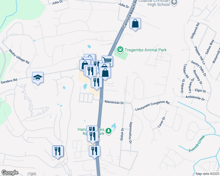 map of restaurants, bars, coffee shops, grocery stores, and more near 103 Christa Drive in Wilmington
