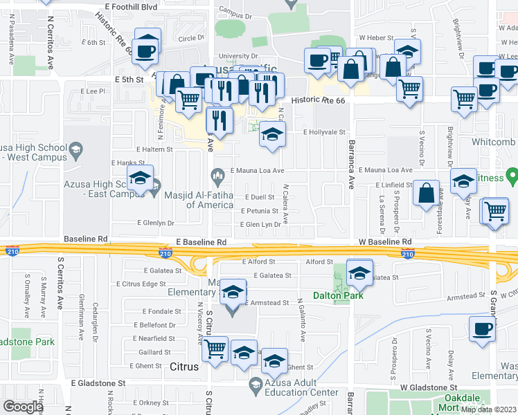 map of restaurants, bars, coffee shops, grocery stores, and more near 18621 East Petunia Street in Azusa