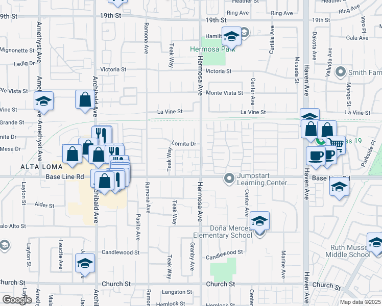 map of restaurants, bars, coffee shops, grocery stores, and more near 10099 Lomita Drive in Rancho Cucamonga