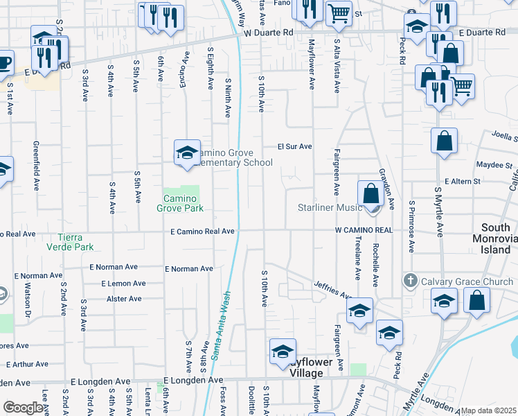 map of restaurants, bars, coffee shops, grocery stores, and more near 1501 South 10th Avenue in Arcadia
