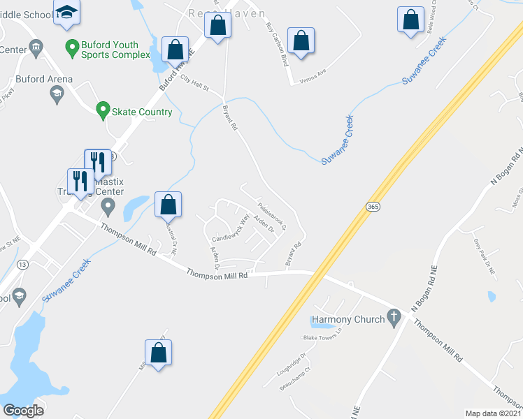 map of restaurants, bars, coffee shops, grocery stores, and more near 2976 Pebblebrook Drive in Buford