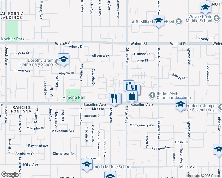 map of restaurants, bars, coffee shops, grocery stores, and more near 16000 Baseline Avenue in Fontana