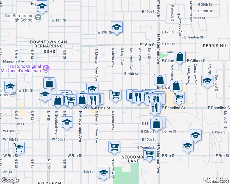 map of restaurants, bars, coffee shops, grocery stores, and more near 1305 North Sierra Way in San Bernardino