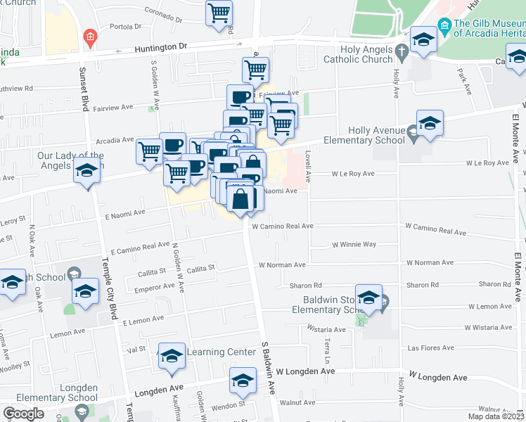 map of restaurants, bars, coffee shops, grocery stores, and more near 1412 South Baldwin Avenue in Arcadia