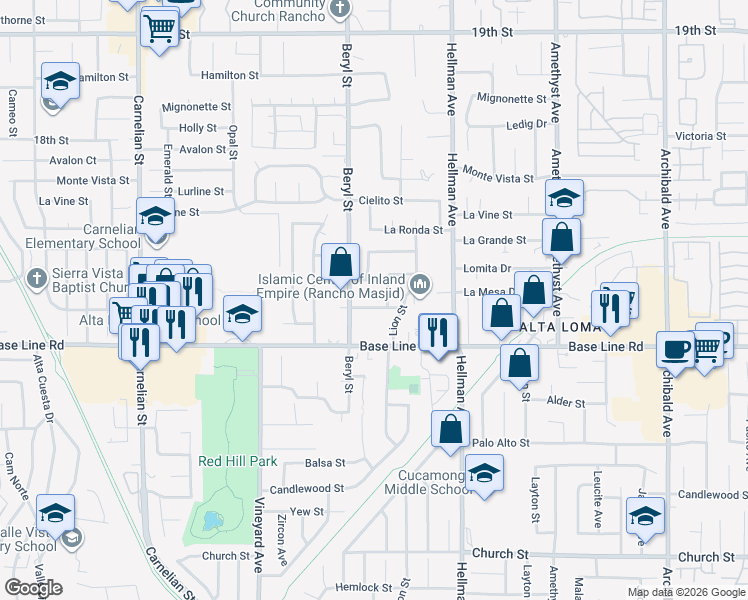 map of restaurants, bars, coffee shops, grocery stores, and more near 9150 Roberds Street in Rancho Cucamonga