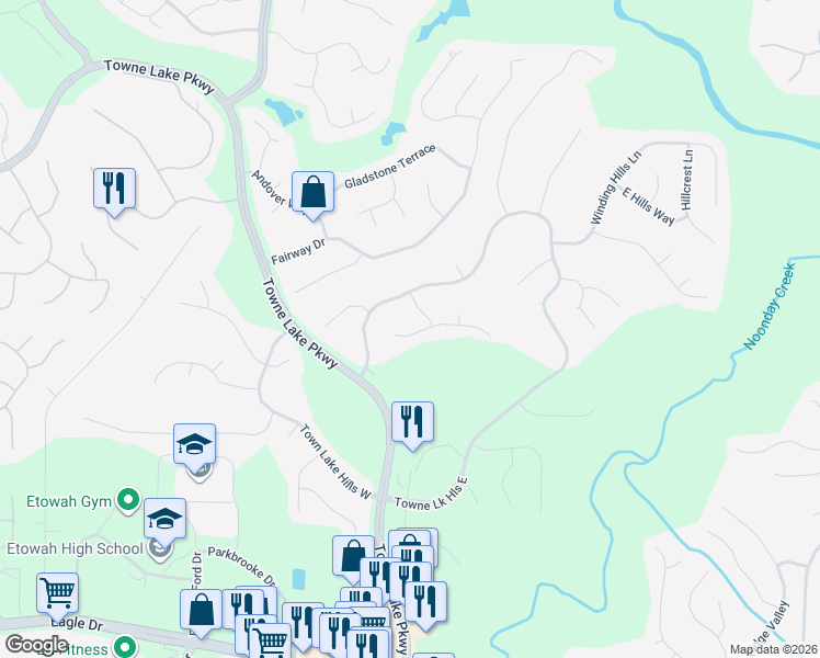 map of restaurants, bars, coffee shops, grocery stores, and more near 424 Clubview Drive in Woodstock