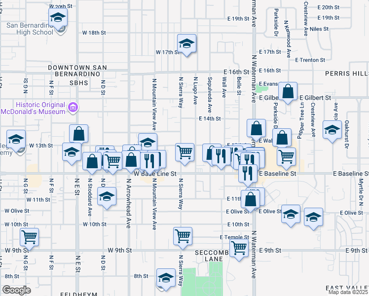 map of restaurants, bars, coffee shops, grocery stores, and more near 1297 North Sierra Way in San Bernardino
