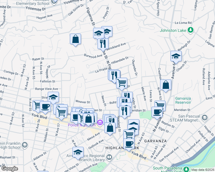 map of restaurants, bars, coffee shops, grocery stores, and more near 6126 Springvale Drive in Los Angeles