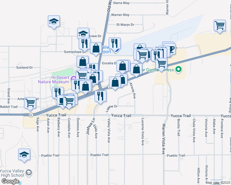 map of restaurants, bars, coffee shops, grocery stores, and more near 57353 29 Palms Highway in Yucca Valley