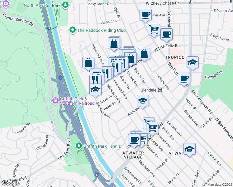 map of restaurants, bars, coffee shops, grocery stores, and more near 3923 Edenhurst Avenue in Los Angeles