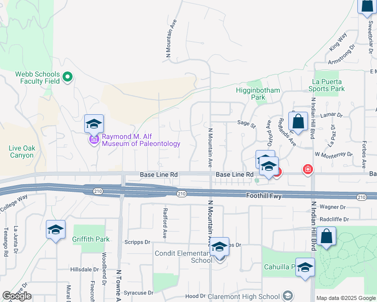 map of restaurants, bars, coffee shops, grocery stores, and more near 2177 Silver Tree Road in Claremont