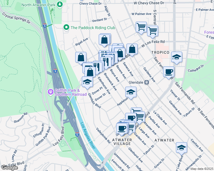 map of restaurants, bars, coffee shops, grocery stores, and more near 3923 Edenhurst Avenue in Los Angeles