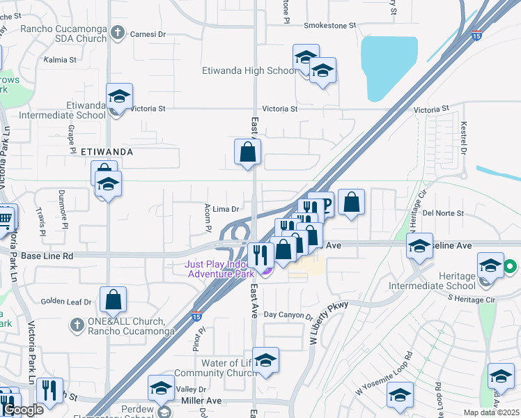 map of restaurants, bars, coffee shops, grocery stores, and more near 7161 East Avenue in Rancho Cucamonga