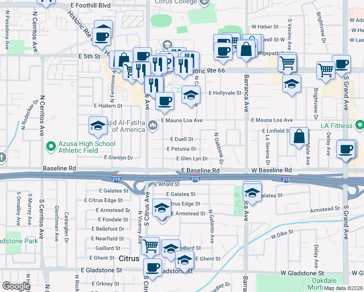 map of restaurants, bars, coffee shops, grocery stores, and more near 18621 East Petunia Street in Azusa