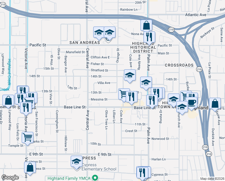 map of restaurants, bars, coffee shops, grocery stores, and more near 27038 La Verne Court in Highland