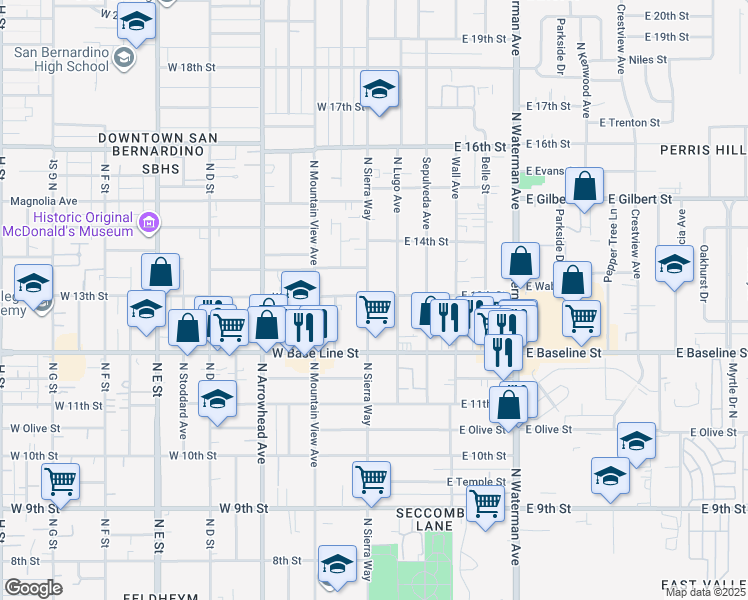 map of restaurants, bars, coffee shops, grocery stores, and more near 1305 North Sierra Way in San Bernardino