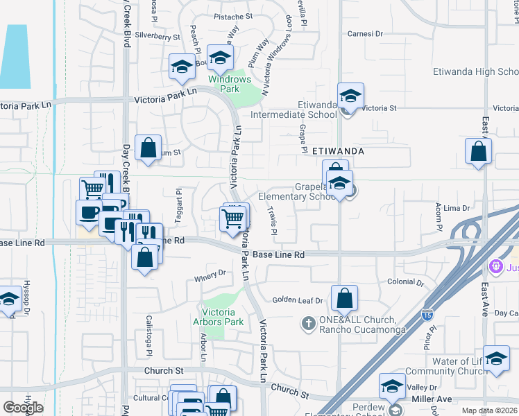 map of restaurants, bars, coffee shops, grocery stores, and more near 7153 Travis Place in Rancho Cucamonga