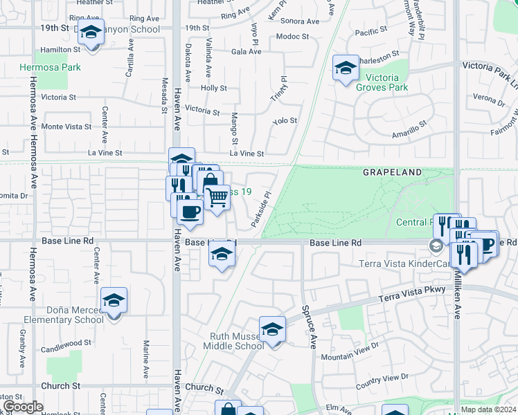 map of restaurants, bars, coffee shops, grocery stores, and more near 7211 Daybreak Place in Rancho Cucamonga