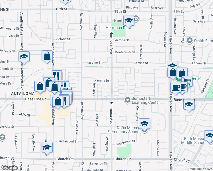 map of restaurants, bars, coffee shops, grocery stores, and more near 10099 Lomita Drive in Rancho Cucamonga