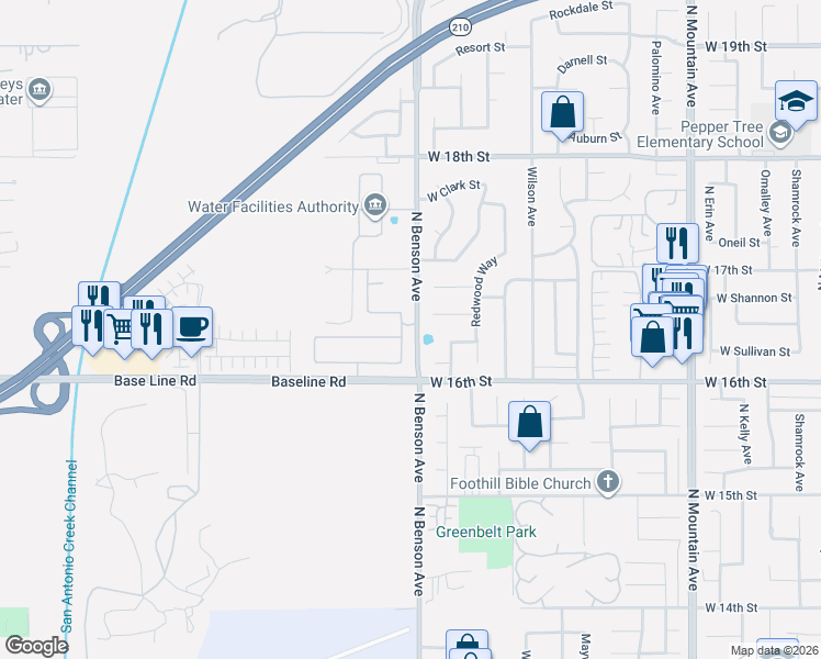 map of restaurants, bars, coffee shops, grocery stores, and more near 1586 Bridget Court in Upland