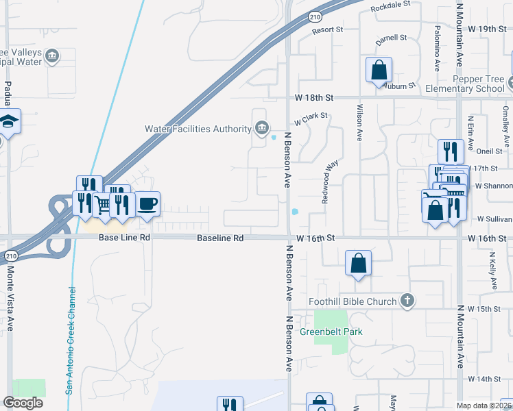 map of restaurants, bars, coffee shops, grocery stores, and more near 1664 West Mammoth Drive in Upland
