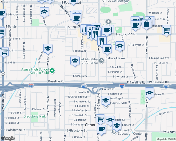 map of restaurants, bars, coffee shops, grocery stores, and more near 151 North Calvados Avenue in Azusa