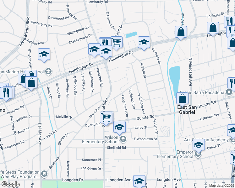 map of restaurants, bars, coffee shops, grocery stores, and more near 6853 Longmont Avenue in San Gabriel