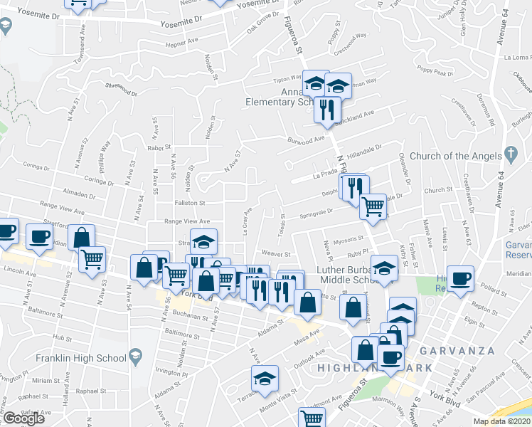 map of restaurants, bars, coffee shops, grocery stores, and more near 1083 Milwaukee Avenue in Los Angeles