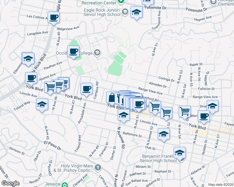 map of restaurants, bars, coffee shops, grocery stores, and more near 4929 Stratford Road in Los Angeles