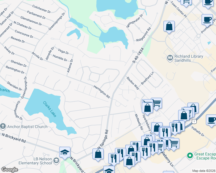 map of restaurants, bars, coffee shops, grocery stores, and more near 112 Dove Park Road in Columbia