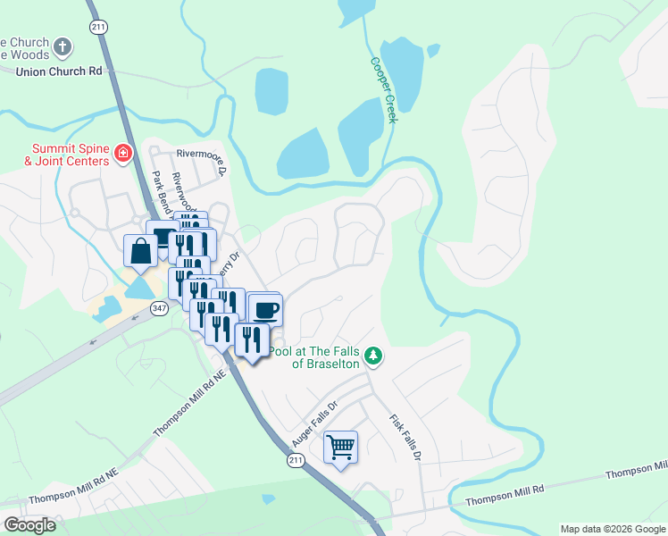 map of restaurants, bars, coffee shops, grocery stores, and more near 6602 Grand Hickory Drive in Braselton