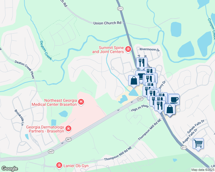 map of restaurants, bars, coffee shops, grocery stores, and more near 6133 Bendcreek Lane in Braselton
