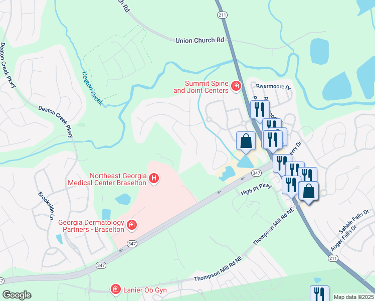 map of restaurants, bars, coffee shops, grocery stores, and more near 6248 Harris Court in Braselton