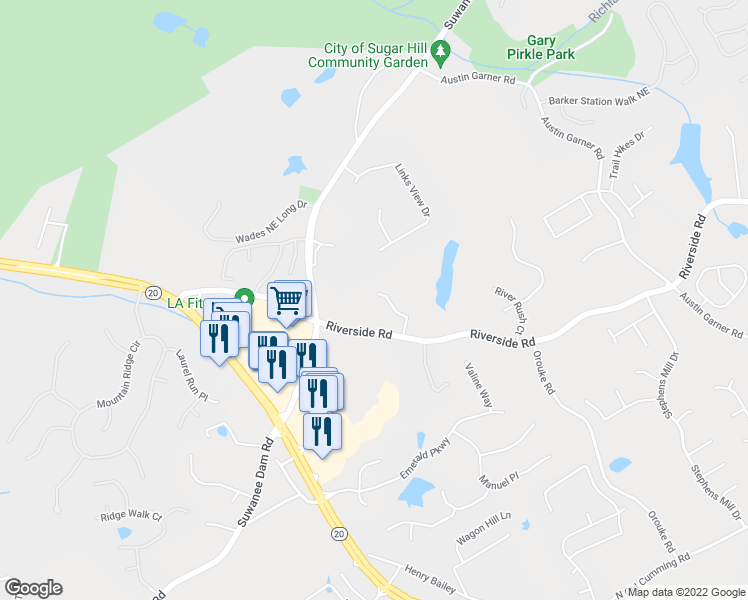 map of restaurants, bars, coffee shops, grocery stores, and more near 5994 Wildcreek Road in Sugar Hill