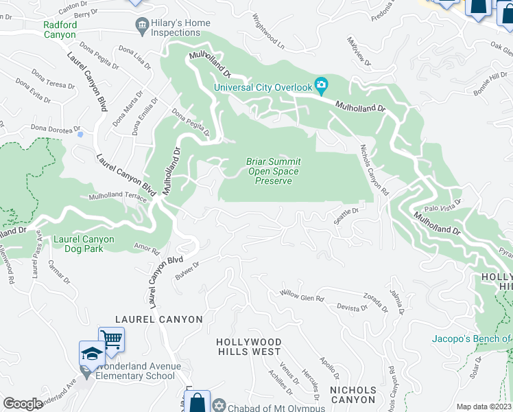 map of restaurants, bars, coffee shops, grocery stores, and more near 7917 Woodrow Wilson Drive in Los Angeles
