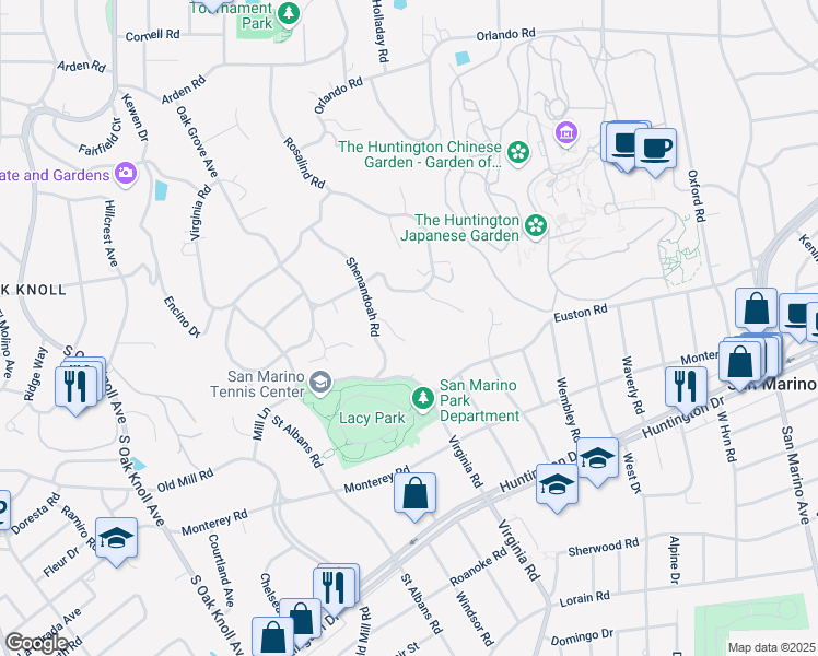 map of restaurants, bars, coffee shops, grocery stores, and more near 1340 Woodstock Road in San Marino