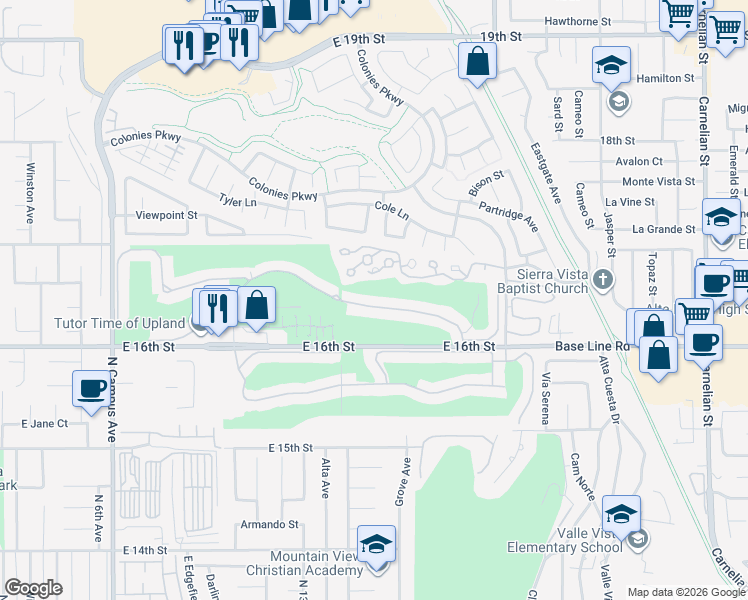 map of restaurants, bars, coffee shops, grocery stores, and more near 1409 Upland Hills Drive North in Upland