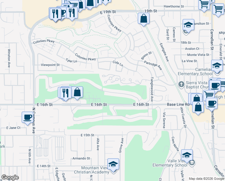 map of restaurants, bars, coffee shops, grocery stores, and more near 1409 Upland Hills Drive North in Upland