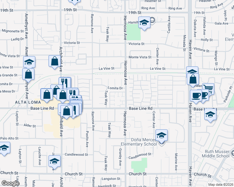 map of restaurants, bars, coffee shops, grocery stores, and more near 10029 Lomita Drive in Rancho Cucamonga