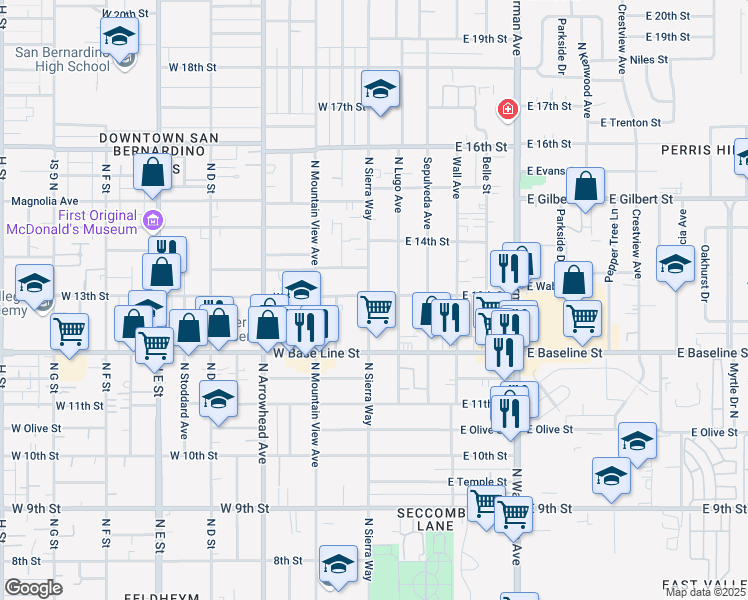 map of restaurants, bars, coffee shops, grocery stores, and more near 1305 North Sierra Way in San Bernardino
