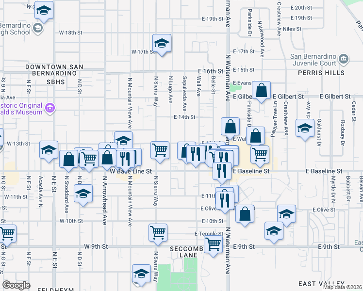 map of restaurants, bars, coffee shops, grocery stores, and more near 172 East 13th Street in San Bernardino
