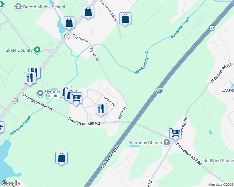 map of restaurants, bars, coffee shops, grocery stores, and more near 4600 Bryant Road in Buford