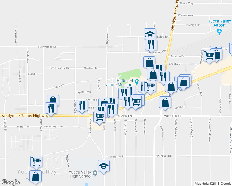 map of restaurants, bars, coffee shops, grocery stores, and more near 7164 Barberry Avenue in Yucca Valley