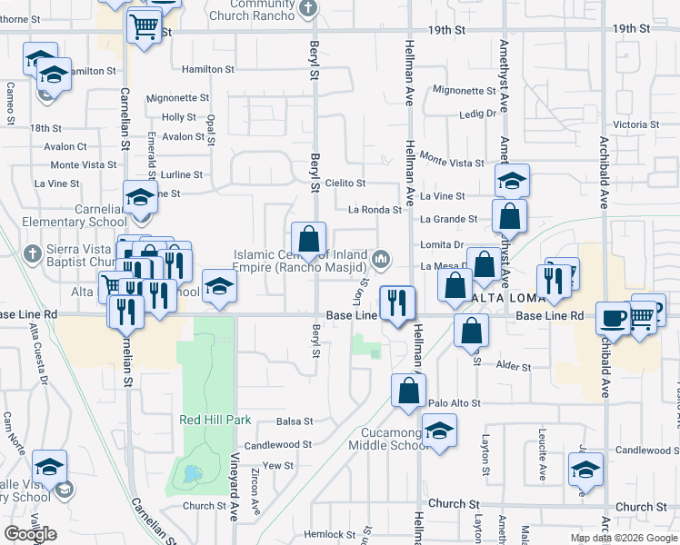 map of restaurants, bars, coffee shops, grocery stores, and more near 9150 Roberds Street in Rancho Cucamonga
