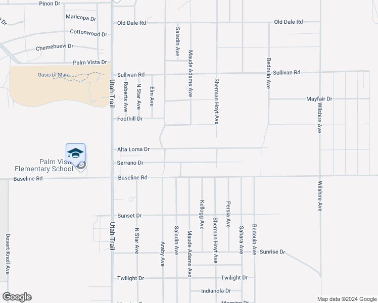 map of restaurants, bars, coffee shops, grocery stores, and more near 74795 Alta Loma Drive in Twentynine Palms