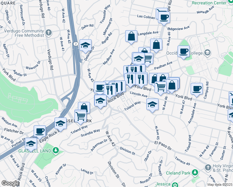 map of restaurants, bars, coffee shops, grocery stores, and more near 4331 North Eagle Rock Boulevard in Los Angeles