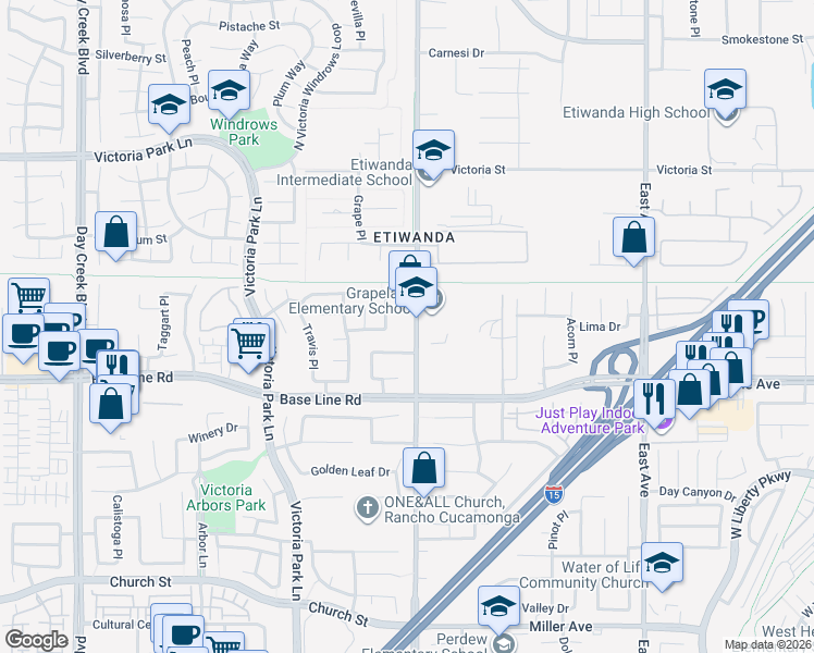 map of restaurants, bars, coffee shops, grocery stores, and more near 7168 Etiwanda Avenue in Rancho Cucamonga