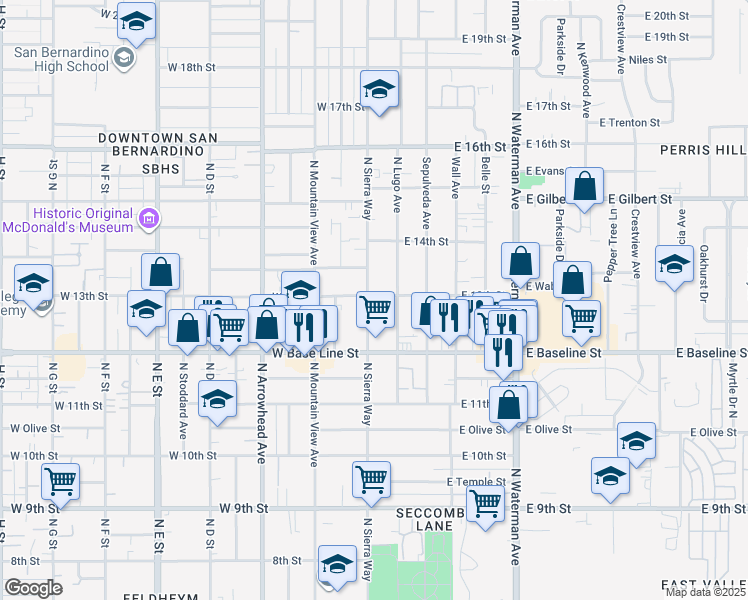 map of restaurants, bars, coffee shops, grocery stores, and more near 1305 North Sierra Way in San Bernardino
